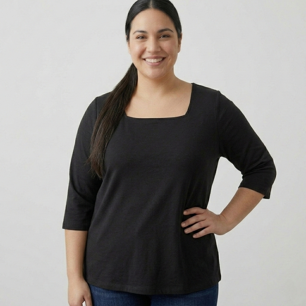 BNWT Studio Square Neck 3/4 Sleeve Black Minimalist Top 3X